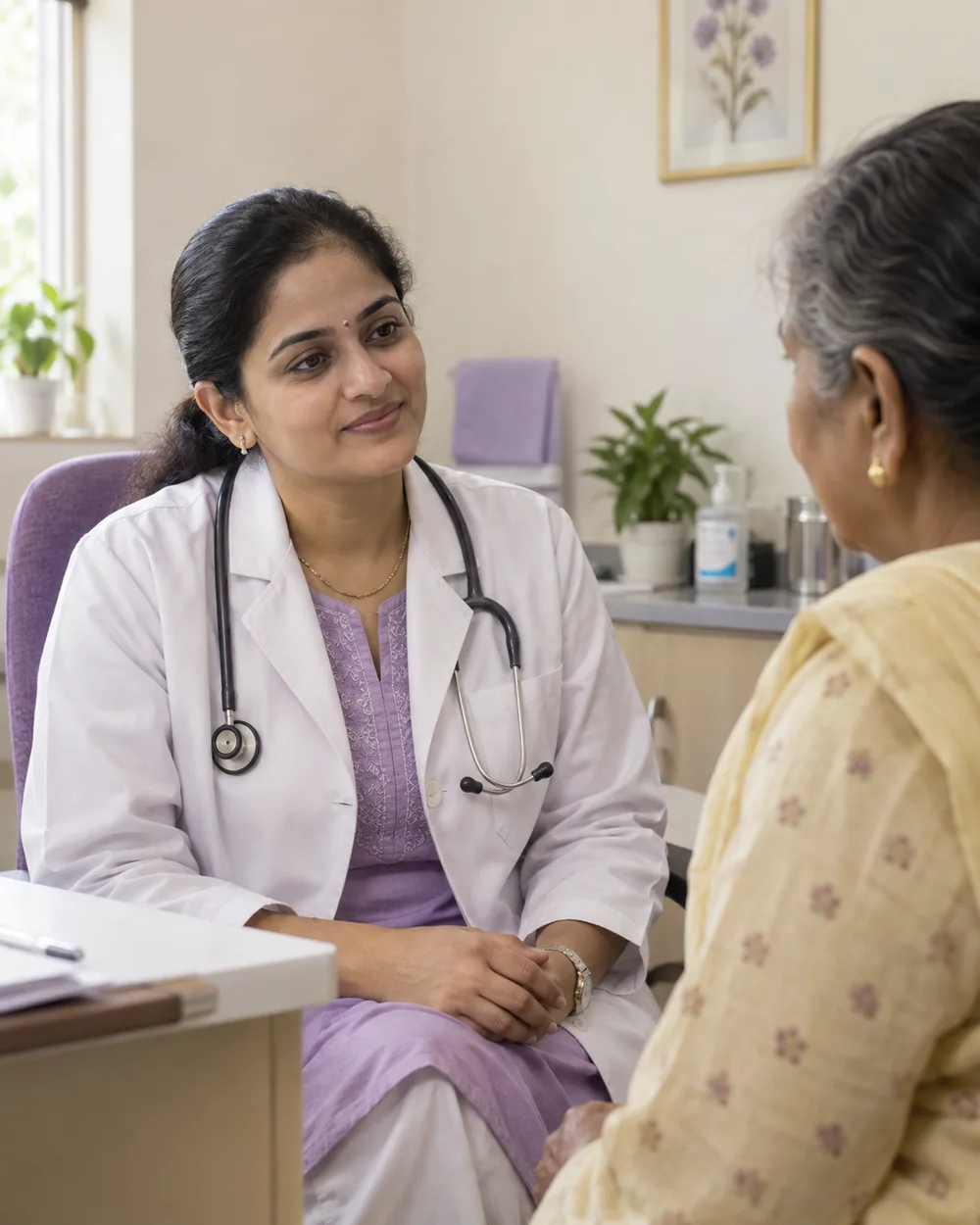 A doctor gives her attention to a patient in a clinic