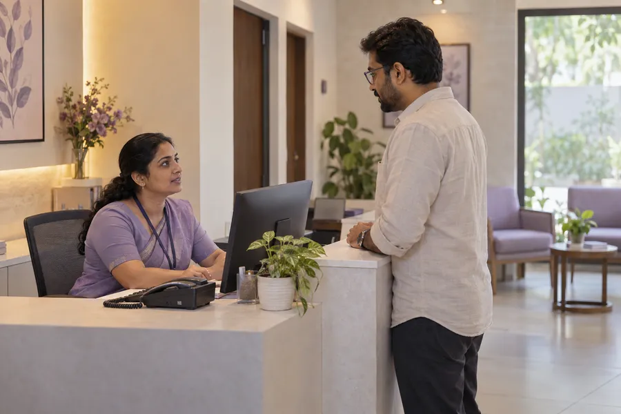 A receptionist helps a patient at the clinic front desk